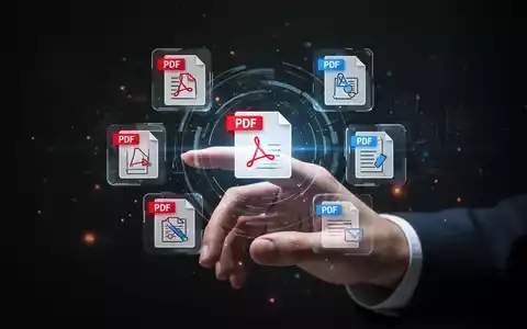 A hand interacting with a holographic interface displaying PDF icons and document management tools. - Foto: über boerse-global.de