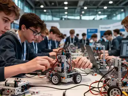 Young students engaged in programming and assembling robots at a German robotics competition, showcasing STEM education. - Foto: über boerse-global.de
