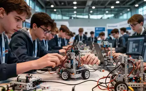 Young students engaged in programming and assembling robots at a German robotics competition, showcasing STEM education. - Foto: über boerse-global.de