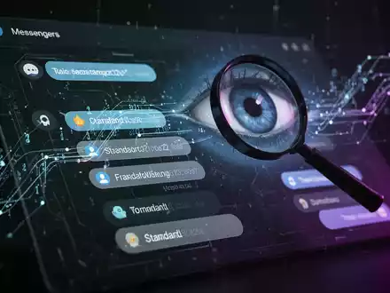 Ein stilisiertes digitales Spionagenetzwerk mit einem angedeuteten Auge, das über Chatverläufe und Standortdaten schwebt, symbolisiert staatliche Überwachung. - Foto: über boerse-global.de