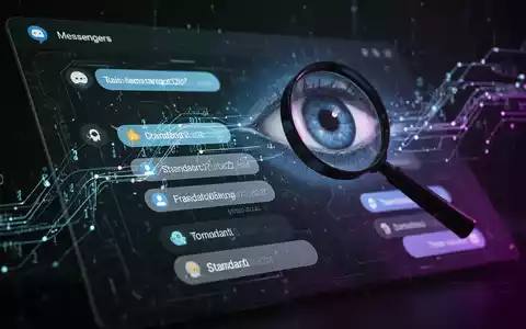 Ein stilisiertes digitales Spionagenetzwerk mit einem angedeuteten Auge, das über Chatverläufe und Standortdaten schwebt, symbolisiert staatliche Überwachung. - Foto: über boerse-global.de