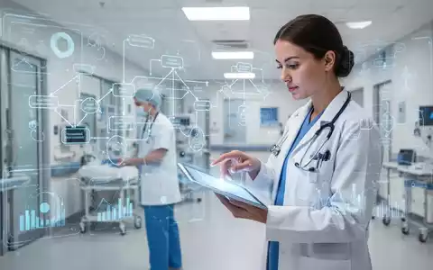 Eine Pflegekraft, die in einem modernen Krankenhaus auf einem Tablet arbeitet, mit überlagerten Diagrammen, die Effizienz und digitale Transformation darstellen. - Foto: über boerse-global.de