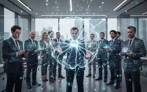 Abstrakte Darstellung eines leuchtenden neuronalen Netzes über einem modernen Büro, mit Führungskräften, die digitale Schnittstellen nutzen. - Foto: über boerse-global.de