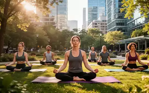 Menschen praktizieren Yoga und Meditation in einem sonnendurchfluteten Stadtpark, umgeben von Grünflächen und moderner Architektur. - Foto: über boerse-global.de