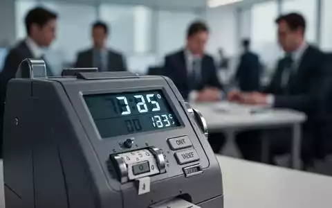 Nahaufnahme einer digitalen Zeiterfassungsuhr oder Stechuhr, mit unscharfem Hintergrund von Büroangestellten. - Foto: über boerse-global.de