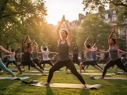 Eine Gruppe von Menschen praktiziert Yoga im Freien in einem Park bei Sonnenuntergang, mit Fokus auf Entspannung und Bewegung. - Foto: über boerse-global.de