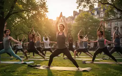 Eine Gruppe von Menschen praktiziert Yoga im Freien in einem Park bei Sonnenuntergang, mit Fokus auf Entspannung und Bewegung. - Foto: über boerse-global.de