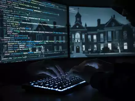 A hacker's hands typing on a keyboard in a dark room, with code and university buildings on a screen, symbolizing a cyber-attack. - Foto: über boerse-global.de