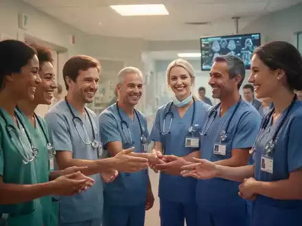 Eine Gruppe lächelnder Pflegekräfte in modernen Uniformen arbeitet zusammen in einer hellen, modernen Krankenhausumgebung. - Foto: über boerse-global.de