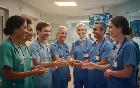 Eine Gruppe lächelnder Pflegekräfte in modernen Uniformen arbeitet zusammen in einer hellen, modernen Krankenhausumgebung. - Foto: über boerse-global.de