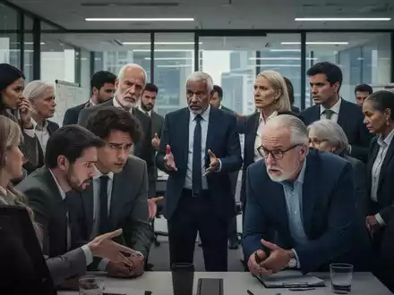 Junge und ältere Angestellte in einem modernen Büro, die angespannte Generationenkonflikte am Arbeitsplatz darstellen. - Foto: über boerse-global.de