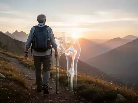 Eine ältere Person wandert auf einem Bergpfad bei Sonnenaufgang, symbolisierend verbesserte Mobilität durch moderne Gelenkprothesen. - Foto: über boerse-global.de
