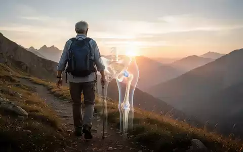 Eine ältere Person wandert auf einem Bergpfad bei Sonnenaufgang, symbolisierend verbesserte Mobilität durch moderne Gelenkprothesen. - Foto: über boerse-global.de