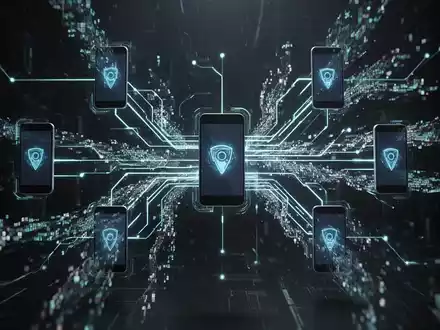Abstrakte Darstellung der Android-Fragmentierung mit leuchtenden Linien, die sich zwischen verschiedenen Smartphone-Symbolen verzweigen. - Foto: über boerse-global.de