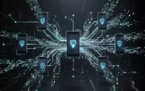 Abstrakte Darstellung der Android-Fragmentierung mit leuchtenden Linien, die sich zwischen verschiedenen Smartphone-Symbolen verzweigen. - Foto: über boerse-global.de