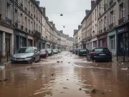 Eine überschwemmte Straße in einer europäischen Stadt, das Wasser erreicht Autoreifen und Erdgeschosse von Gebäuden unter bewölktem Himmel. - Foto: über boerse-global.de