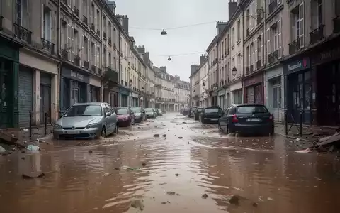 Eine überschwemmte Straße in einer europäischen Stadt, das Wasser erreicht Autoreifen und Erdgeschosse von Gebäuden unter bewölktem Himmel. - Foto: über boerse-global.de
