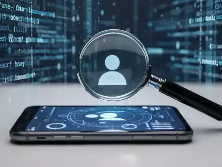 Ein Vergrößerungsglas über einem Smartphone-Bildschirm mit abstrakten biometrischen Daten, umgeben von verschwommenen digitalen Datenströmen. - Foto: über boerse-global.de