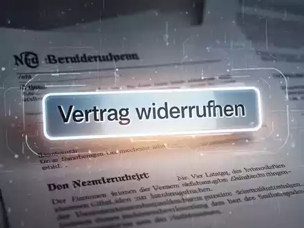 Eine digitale Benutzeroberfläche mit einem deutlich sichtbaren 'Vertrag widerrufen'-Button, umgeben von rechtlichen Dokumenten und Datensymbolen. - Foto: über boerse-global.de