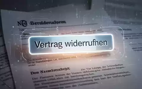 Eine digitale Benutzeroberfläche mit einem deutlich sichtbaren 'Vertrag widerrufen'-Button, umgeben von rechtlichen Dokumenten und Datensymbolen. - Foto: über boerse-global.de