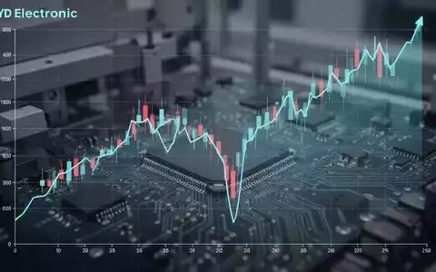 Abstrakte Darstellung eines fallenden Aktienkurses von BYD Electronic mit stilisierten Grafiken und unscharfem Hintergrund einer Elektronikfabrik. - Foto: über boerse-global.de