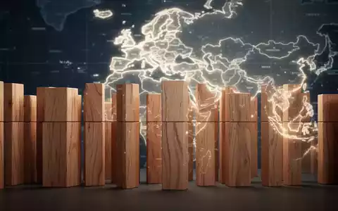 Abstrakte Darstellung von Holzblöcken, die eine Barriere bilden, mit einer angedeuteten Karte von Zentralasien und Europa im Hintergrund. - Foto: über boerse-global.de