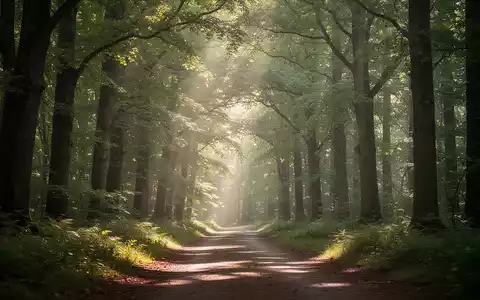 Ein ruhiger, sonnendurchfluteter Waldweg mit üppig grünen Bäumen und sanftem Licht, das durch das Blätterdach fällt. - Foto: über boerse-global.de