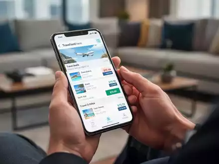 Hände halten ein Smartphone mit Reiseangeboten, im Hintergrund ein unscharfes Wohnzimmer. Fokus auf Kostenbewusstsein beim Reisen. - Foto: über boerse-global.de