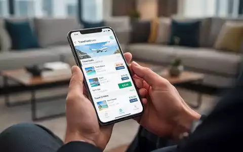 HĂ€nde halten ein Smartphone mit Reiseangeboten, im Hintergrund ein unscharfes Wohnzimmer. Fokus auf Kostenbewusstsein beim Reisen. - Foto: ĂŒber boerse-global.de