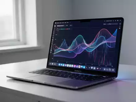 An open Apple MacBook Air 15-inch M5 laptop on a desk, its screen showing abstract performance data, bathed in soft light. - Foto: über boerse-global.de