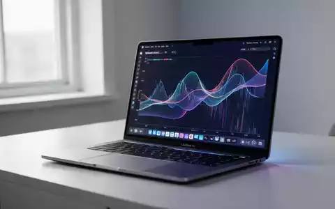 An open Apple MacBook Air 15-inch M5 laptop on a desk, its screen showing abstract performance data, bathed in soft light. - Foto: über boerse-global.de