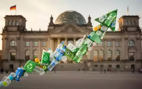 Eine stilisierte Grafik eines aufwärts gerichteten Pfeils aus Verpackungsmaterialien vor dem Reichstagsgebäude, symbolisiert Fortschritt im Verpackungsrecht. - Foto: über boerse-global.de