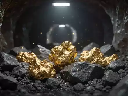 Nahaufnahme von glänzenden Goldklumpen in dunklem Gestein, beleuchtet von einem schwachen Licht in einem Bergwerk. - Foto: über boerse-global.de