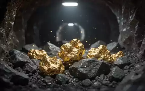 Nahaufnahme von glänzenden Goldklumpen in dunklem Gestein, beleuchtet von einem schwachen Licht in einem Bergwerk. - Foto: über boerse-global.de