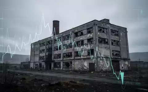 Eine verlassene Fabrik vor einem grauen Himmel, überlagert von einem stark fallenden Börsenchart, der einen Kurssturz symbolisiert. - Foto: über boerse-global.de