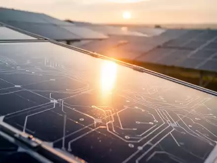 Ein makelloses Solarmodul spiegelt eine aufgehende Sonne, im Hintergrund eine unscharfe moderne Solaranlage bei Sonnenaufgang. - Foto: über boerse-global.de