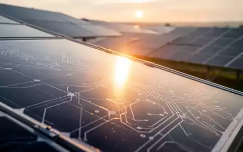 Ein makelloses Solarmodul spiegelt eine aufgehende Sonne, im Hintergrund eine unscharfe moderne Solaranlage bei Sonnenaufgang. - Foto: über boerse-global.de