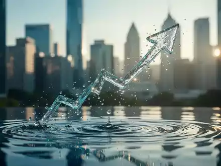 Ein stilisierter, aufwärts gerichteter Pfeil aus Wassertropfen, der aus einem ruhigen Pool aufsteigt, mit einer unscharfen Finanzskyline im Hintergrund. - Foto: über boerse-global.de