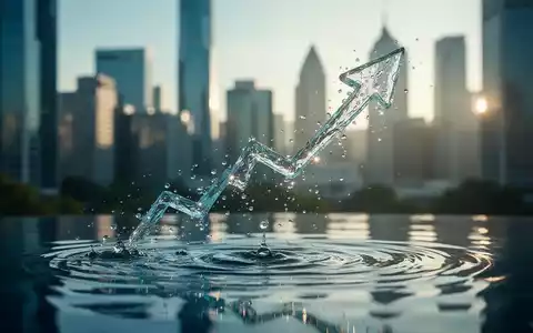 Ein stilisierter, aufwärts gerichteter Pfeil aus Wassertropfen, der aus einem ruhigen Pool aufsteigt, mit einer unscharfen Finanzskyline im Hintergrund. - Foto: über boerse-global.de