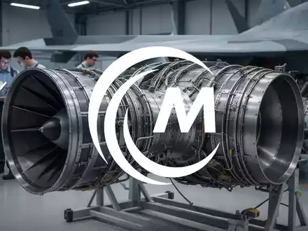 Ein schlanker, moderner Militärjetmotor, teilweise zerlegt, mit Ingenieuren im Hintergrund, die an Komponenten arbeiten. - Foto: über boerse-global.de