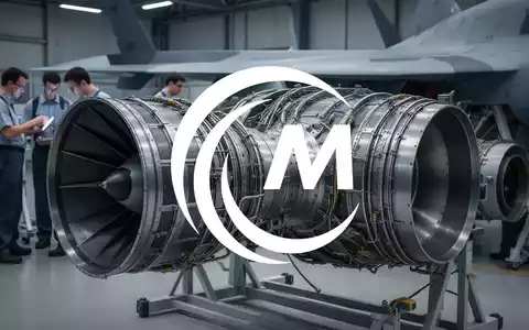 Ein schlanker, moderner Militärjetmotor, teilweise zerlegt, mit Ingenieuren im Hintergrund, die an Komponenten arbeiten. - Foto: über boerse-global.de