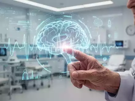 Eine ältere Hand interagiert mit einer futuristischen, leuchtenden holografischen Oberfläche, die Gehirnaktivität und Daten anzeigt. - Foto: über boerse-global.de