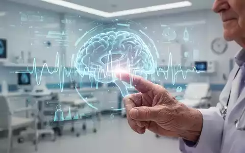 Eine ältere Hand interagiert mit einer futuristischen, leuchtenden holografischen Oberfläche, die Gehirnaktivität und Daten anzeigt. - Foto: über boerse-global.de