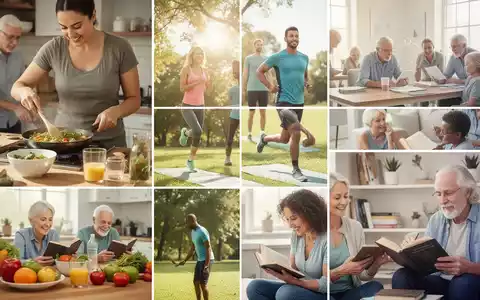 Eine Gruppe von Menschen unterschiedlichen Alters, die gesunde Aktivitäten ausüben, wie Kochen, Sport und Lesen. - Foto: über boerse-global.de