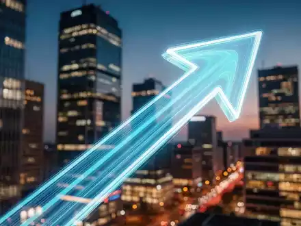 Eine stilisierte, nach oben zeigende Lichtpfeil über einer unscharfen Skyline eines Finanzviertels bei Dämmerung, die Aufstieg symbolisiert. - Foto: über boerse-global.de
