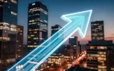 Eine stilisierte, nach oben zeigende Lichtpfeil über einer unscharfen Skyline eines Finanzviertels bei Dämmerung, die Aufstieg symbolisiert. - Foto: über boerse-global.de