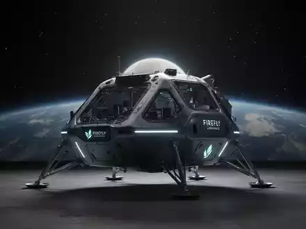 Ein schlankes, futuristisches Mondlandemodell vor einem dunklen Sternenhintergrund mit einem fernen Erdaufgang. - Foto: über boerse-global.de