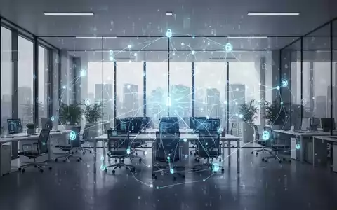 A modern, empty office space with a blue digital overlay symbolizing network connectivity and data flow, highlighting technology and privacy. - Foto: über boerse-global.de