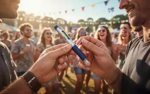 Eine Person prüft einen Insulin-Pen sorgfältig vor dem verschwommenen Hintergrund eines sonnigen Sommerfestes. - Foto: über boerse-global.de