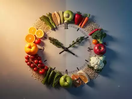 Eine stilisierte Uhr mit gesunden Lebensmitteln, die die Bedeutung des Timings bei der Ernährung symbolisieren. - Foto: über boerse-global.de